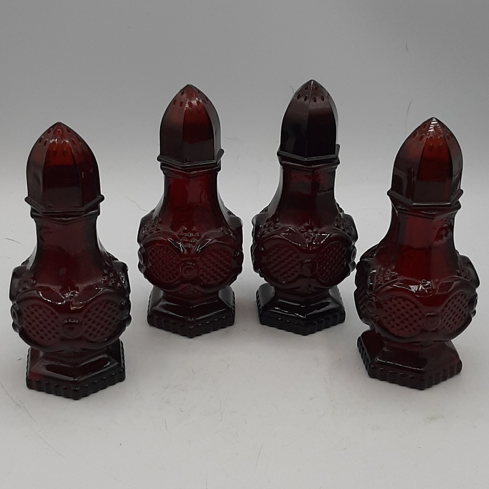 Vtg Avon Cape Cod Ruby Red Glass Salt n Pepper Shakers Hexagon Shape Set of 4